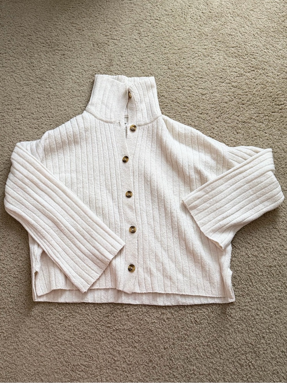 Aerie Cream Ribbed Button-Front Mock Neck Cardigan